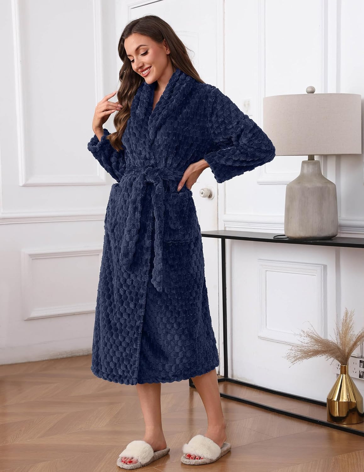 Navy plush bathrobe with textured waffle weave, belt tie, long sleeves