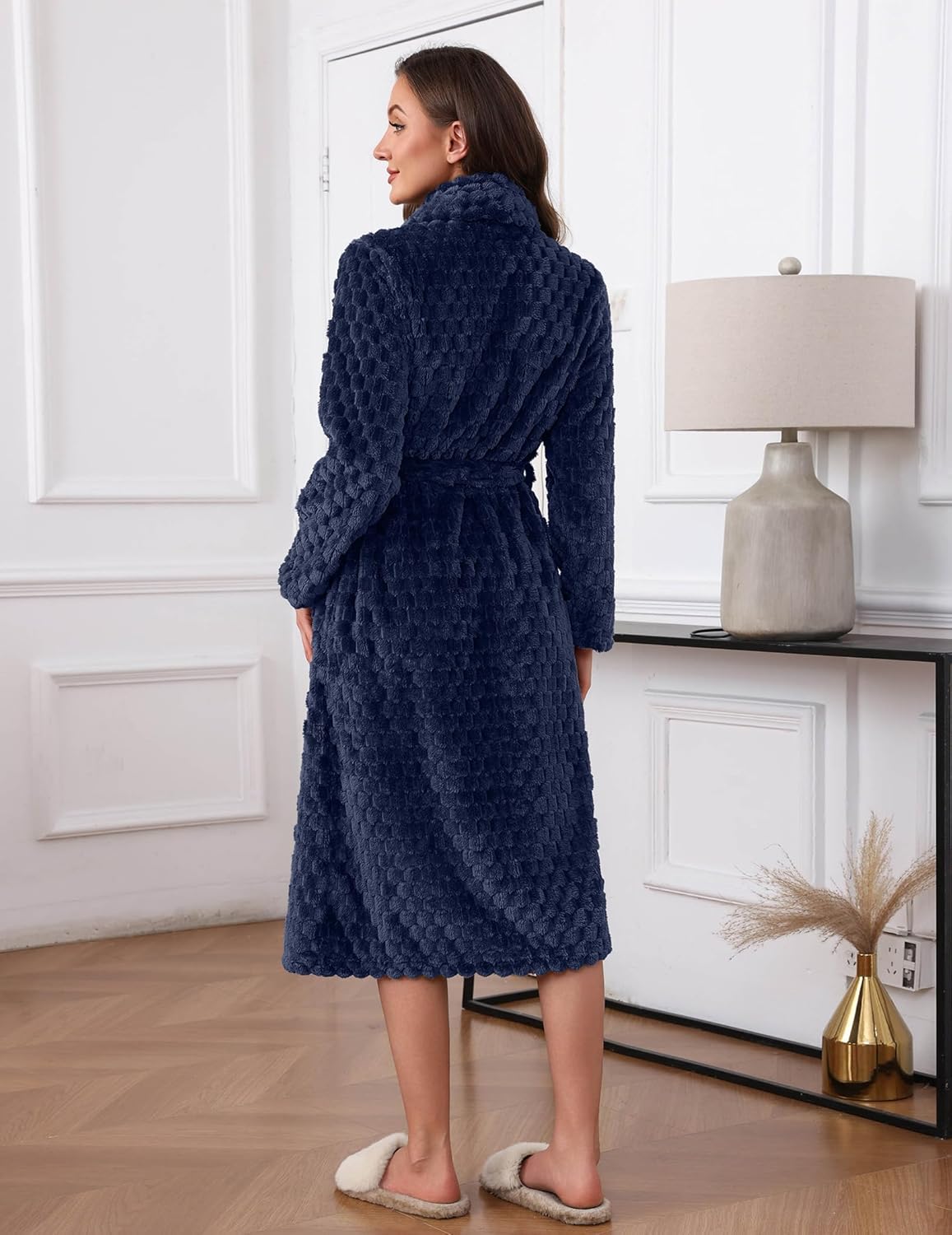 Navy long robe with textured pattern and belt tie, shawl collar