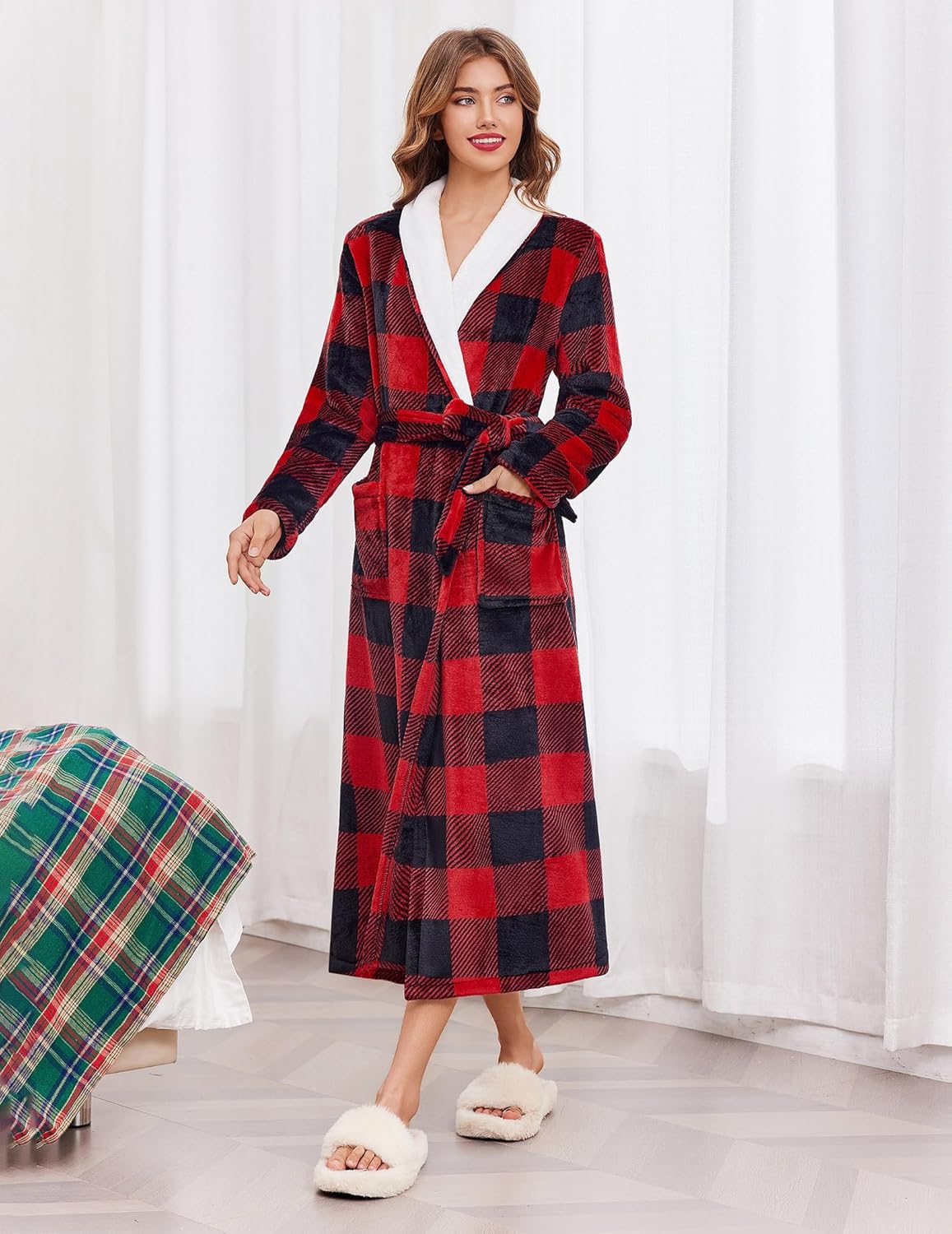 Red and black buffalo plaid robe with white V-neck collar and waist belt