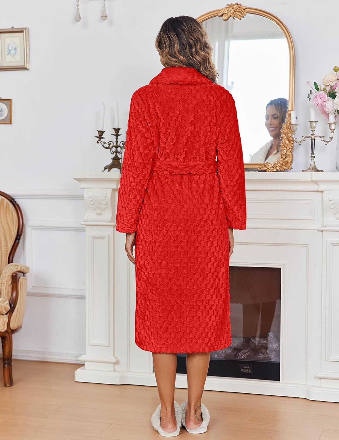 Bademantel mit Jacquard-Struktur, rot, Gürtelbund hinten, lange Ärmel, Knielänge