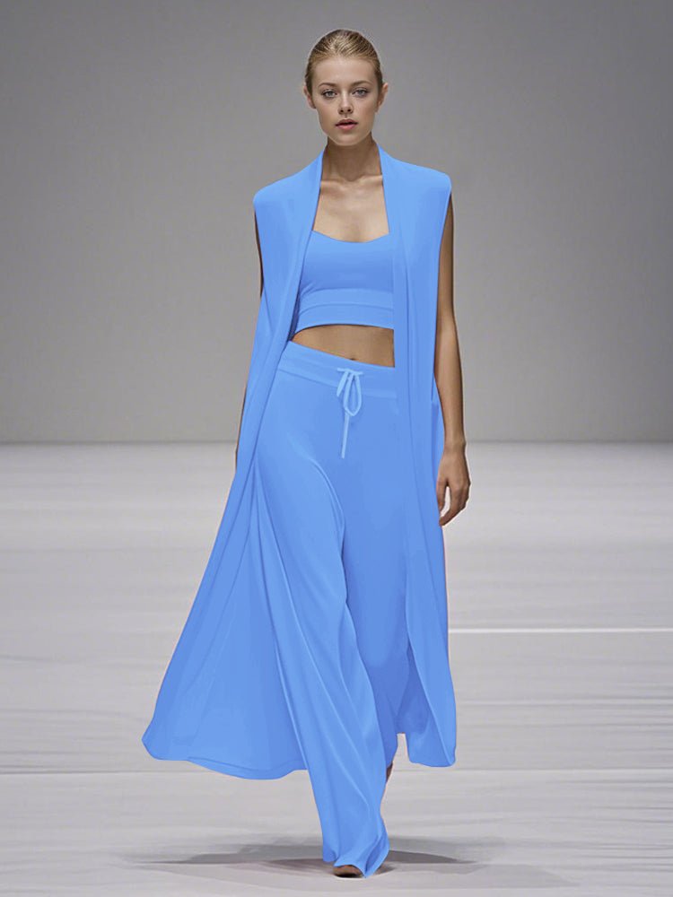Blue 3-piece casual set with open long coat, cropped top, and drawstring wide-leg pants