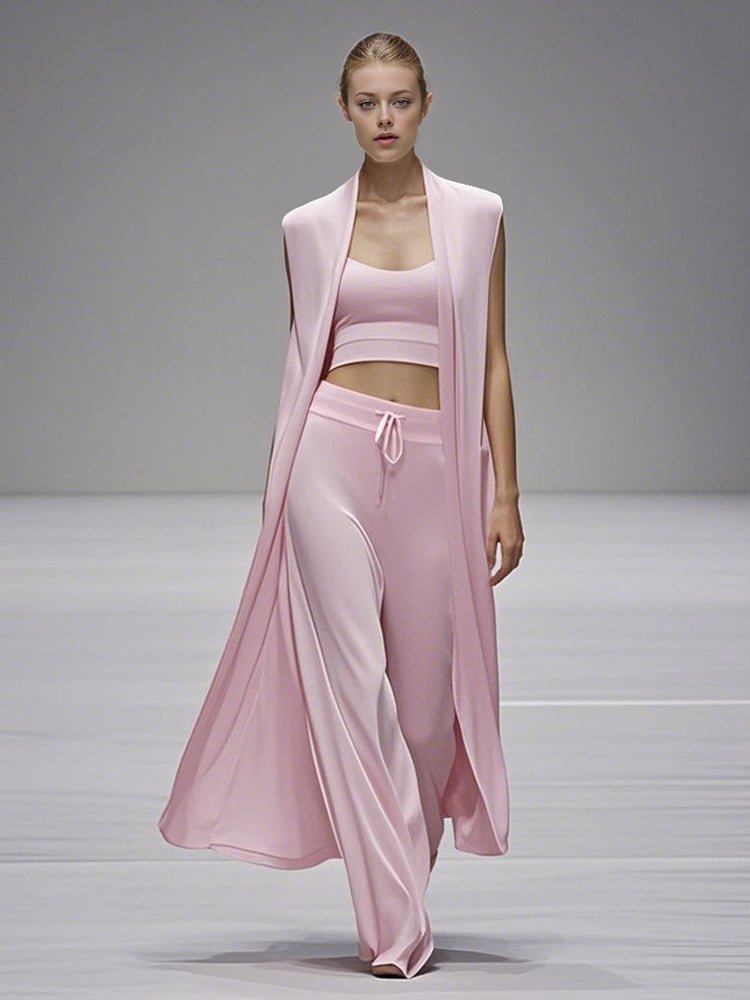 Pink 3-piece casual set with open long coat, cropped top, and wide-leg pants