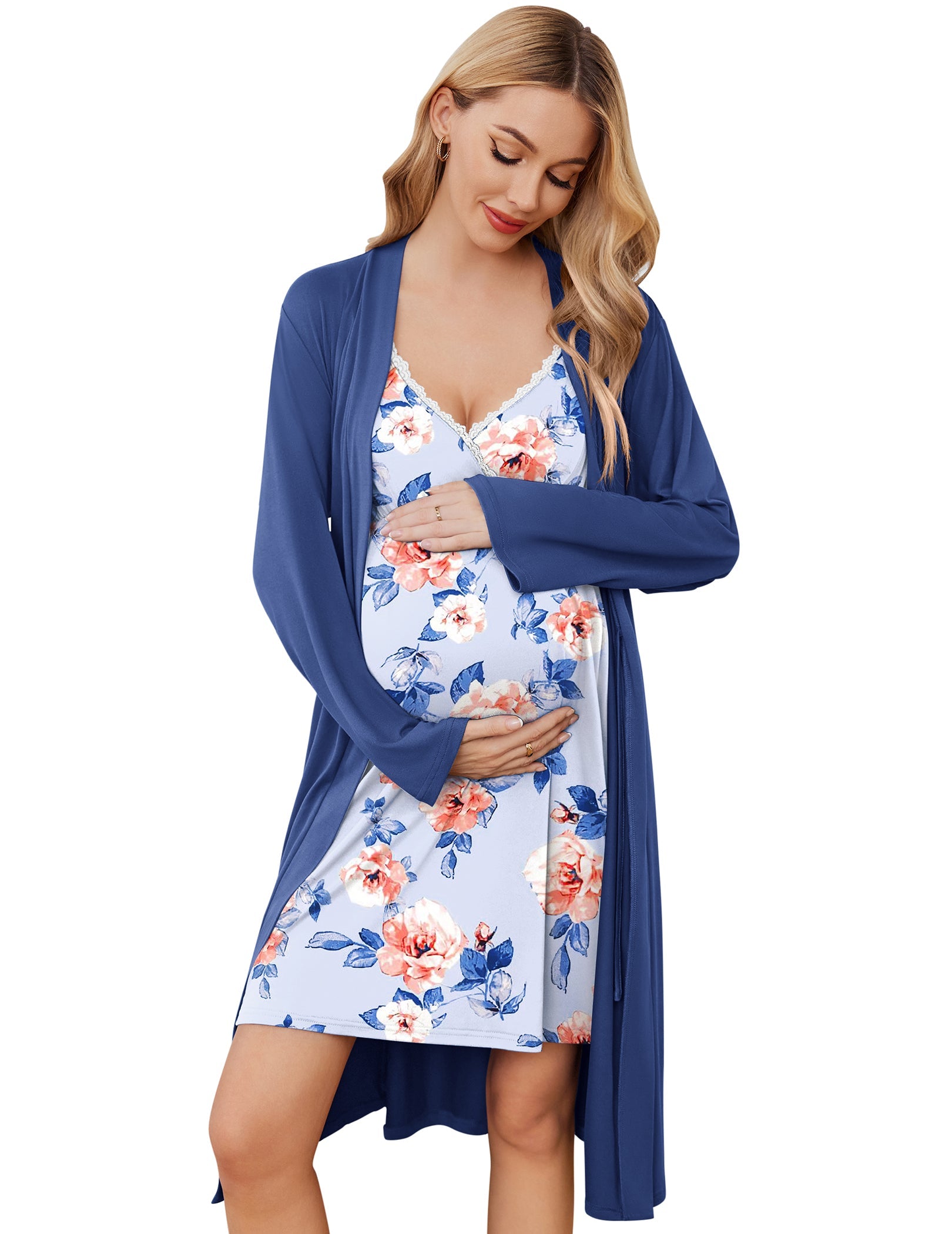 Nursing gown & robe set, blue floral, lace-trim V-neck bodice, open-front long robe