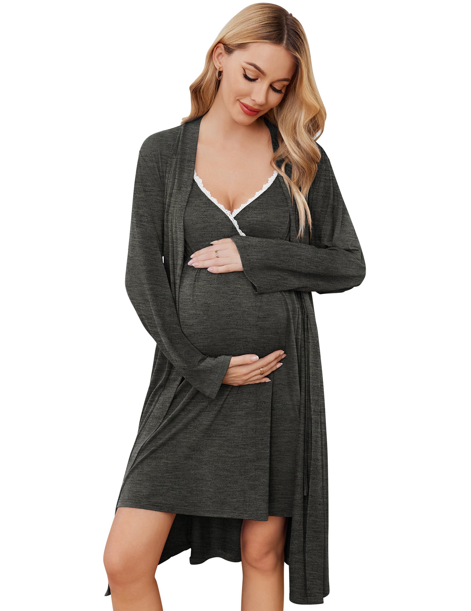 Nursing gown & robe set, dark grey, lace-trim V-neck bodice, open-front long robe