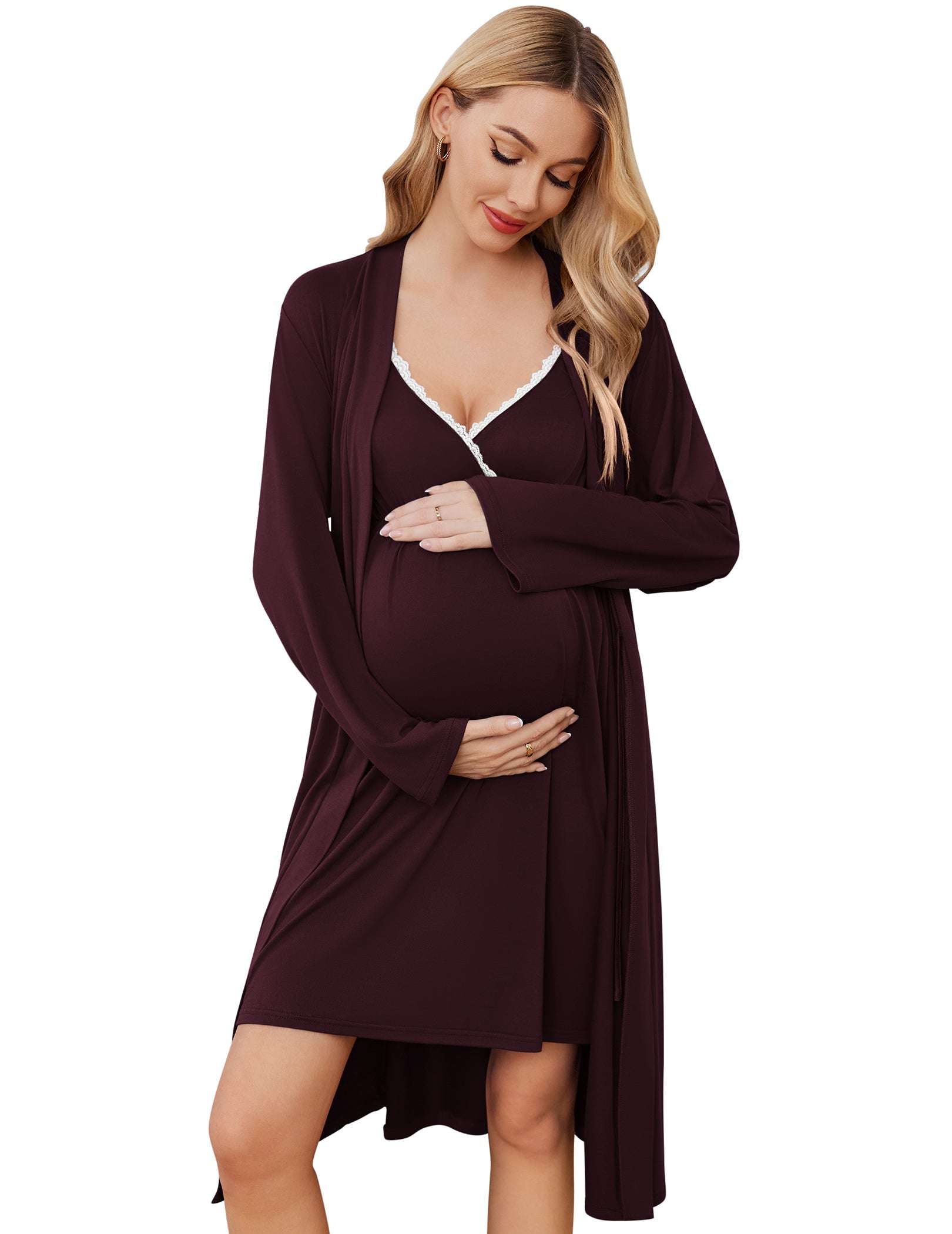 Nursing gown & robe set, dark red, lace-trim V-neck bodice, open-front long robe