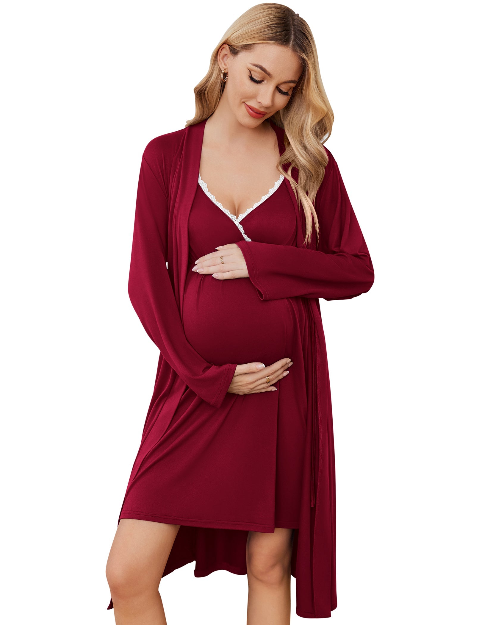 Nursing gown & robe set, deep red, lace-trim V-neck bodice, open-front long robe