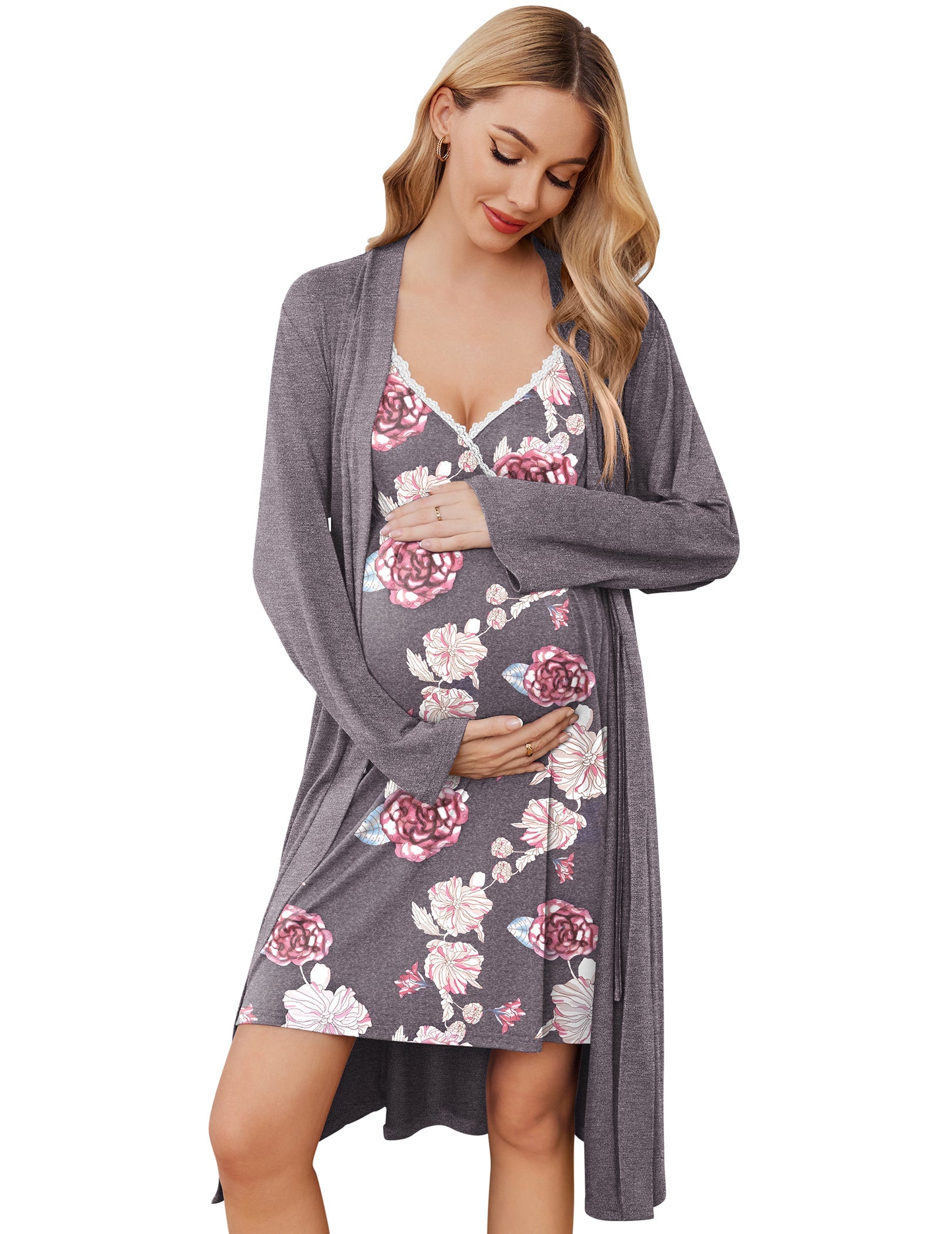 Nursing gown & robe set, grey floral, lace-trim V-neck bodice, open-front long robe