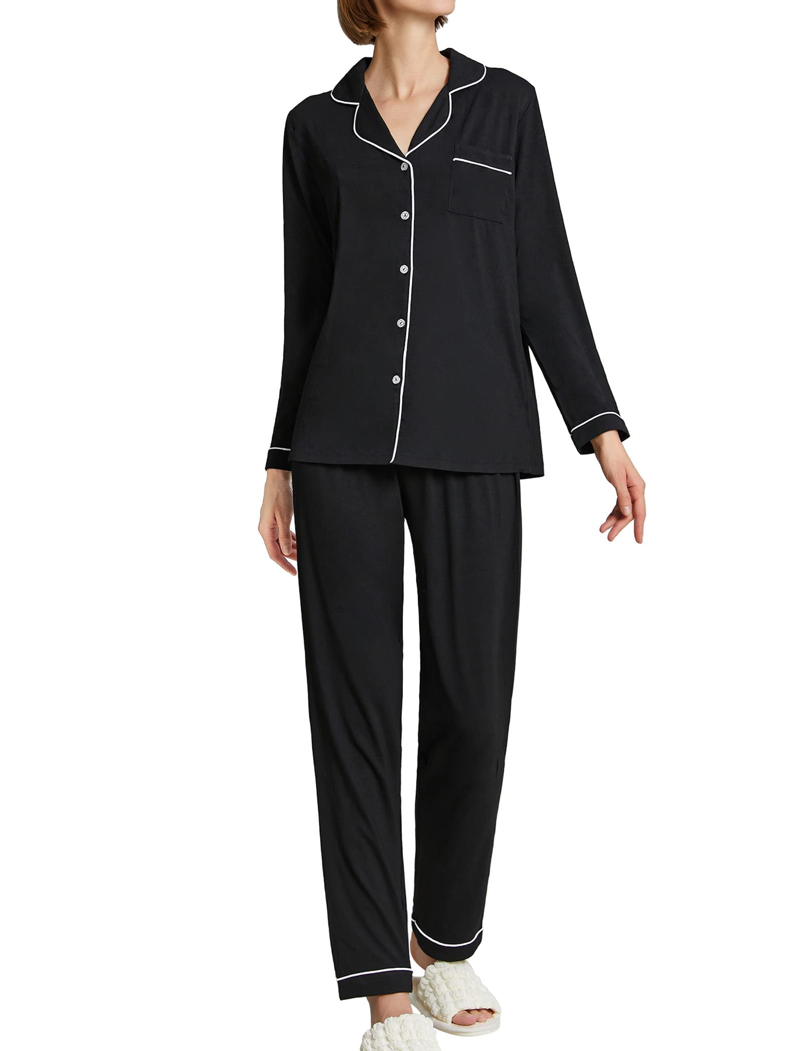 Black pajama set: long-sleeve button top and matching straight-leg pants