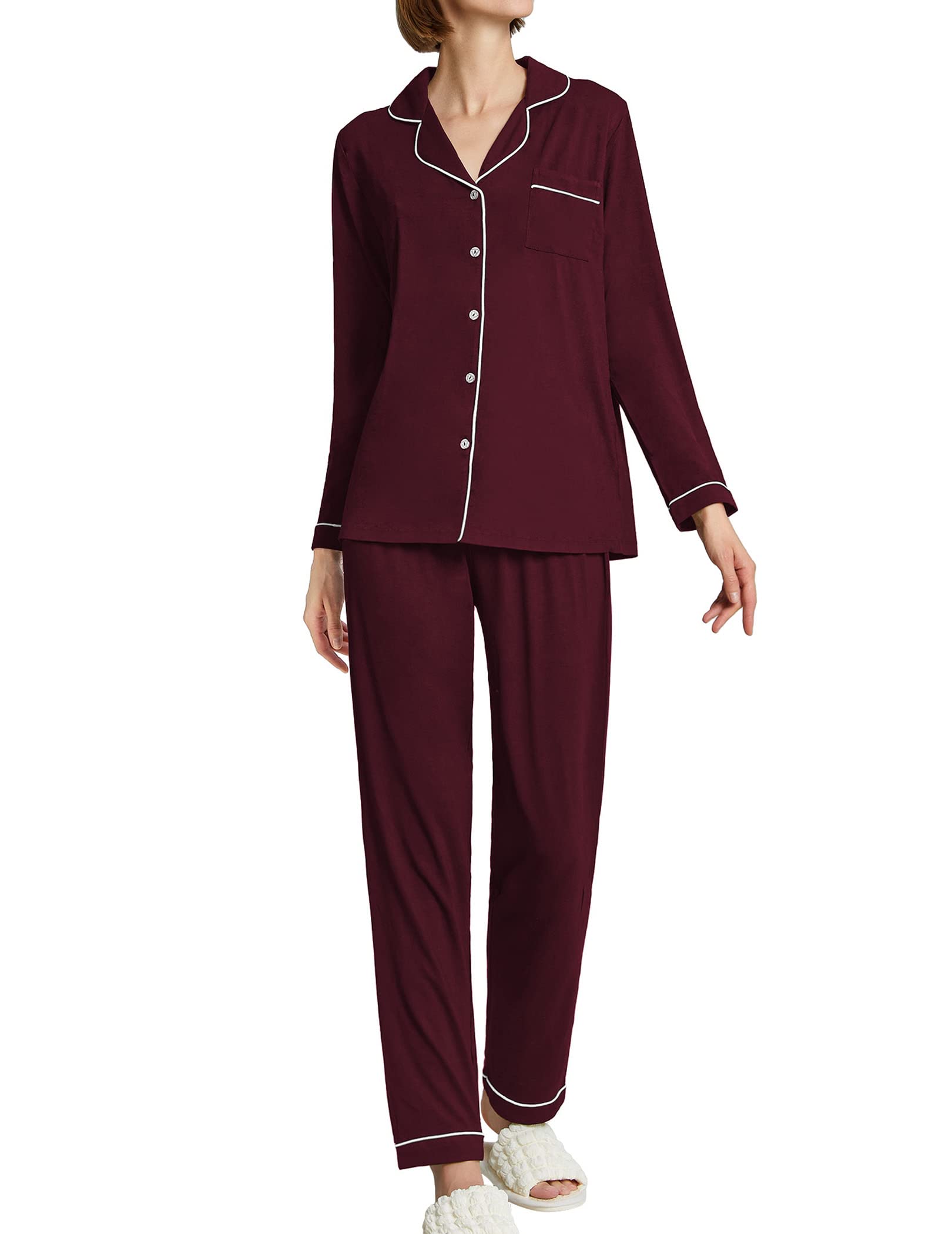 Wine red soft pajama set with white piping: button-front top and matching pants