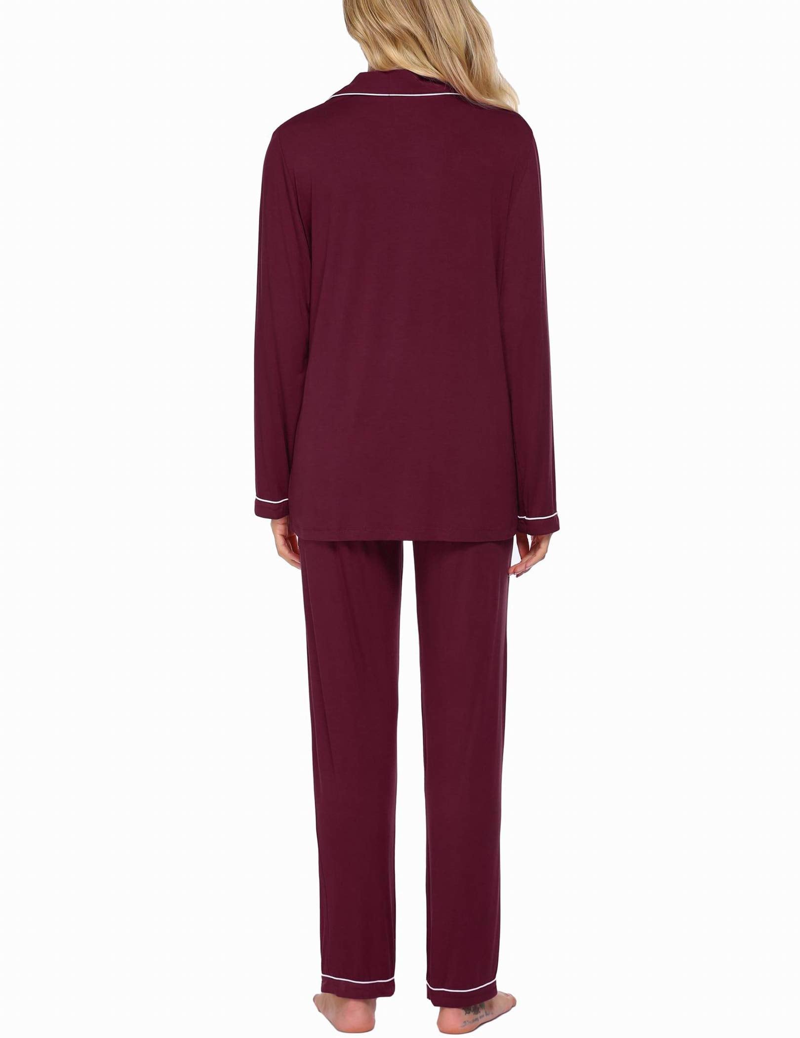 Wine red soft pajama set with white-trim piping, relaxed fit top and long pants