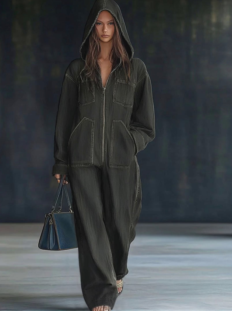 Denim Hooded Oversized Zip-Front Pocket Jumpsuit