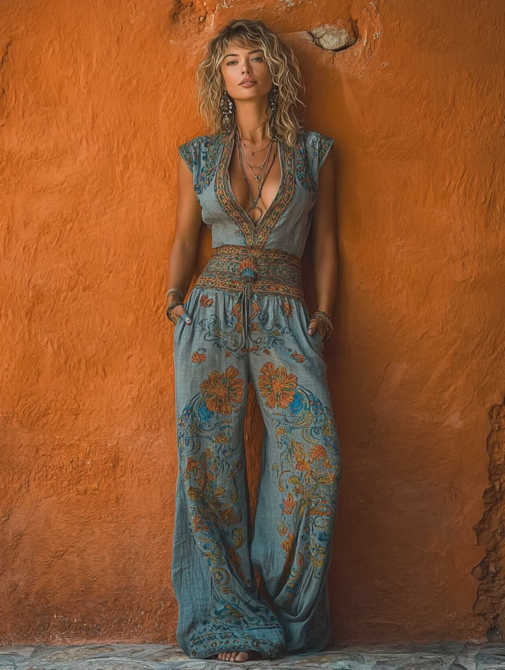 Linen Boho Jumpsuit Floral Print Deep V Neck Wide Leg Jumpsuit