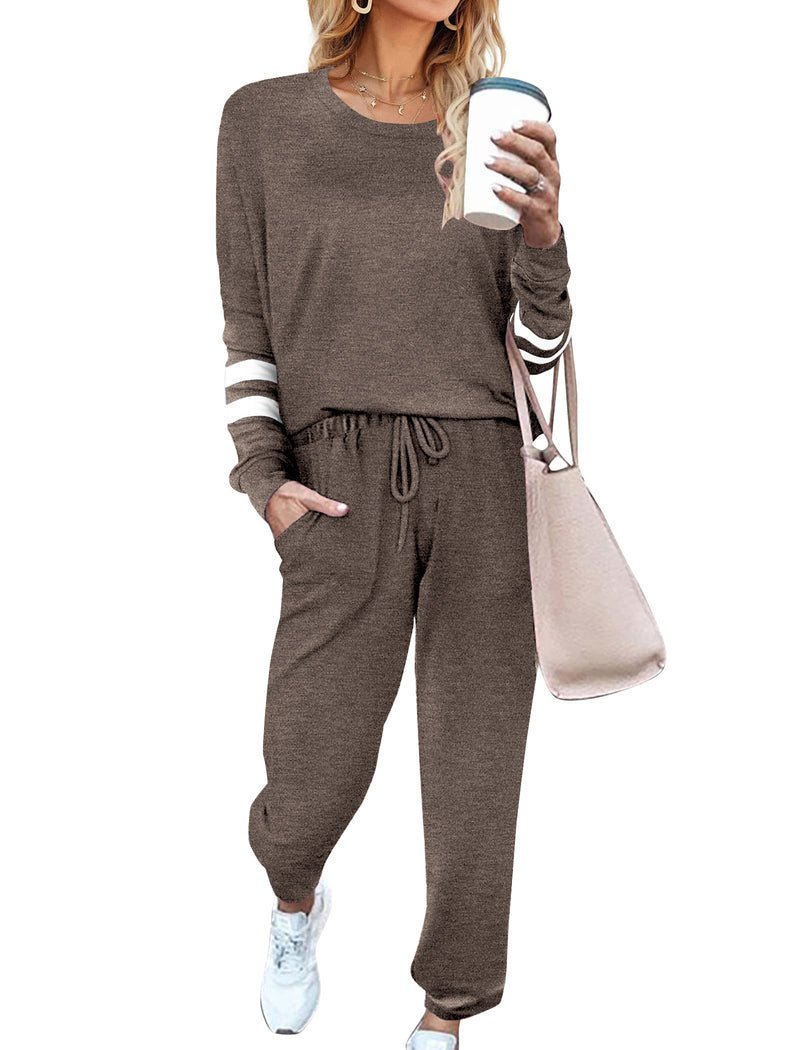 Dark brown 2-piece pajama set with long sleeves, striped cuffs, and drawstring joggers