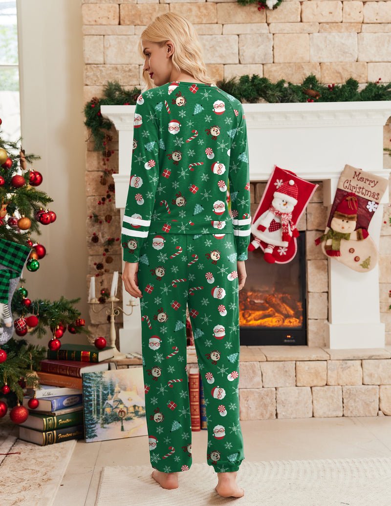 Christmas green long-sleeve pajama set with matching holiday-print pants