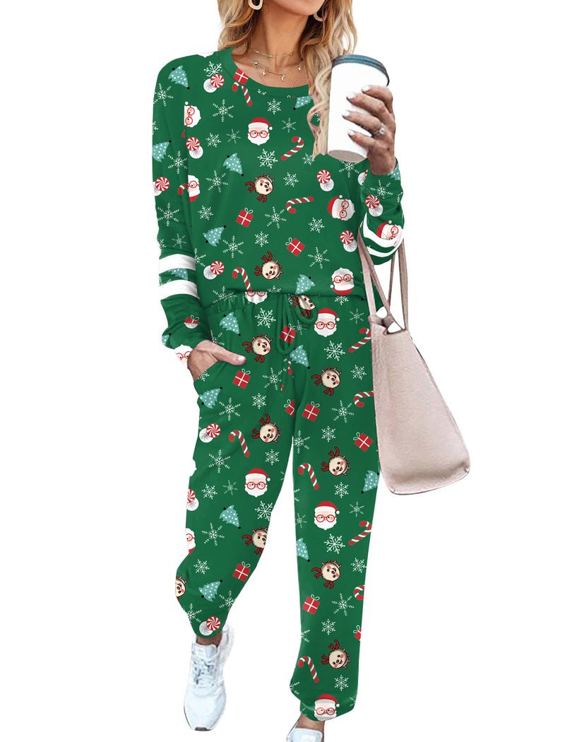 Green holiday print long-sleeve pajama set with drawstring jogger pants