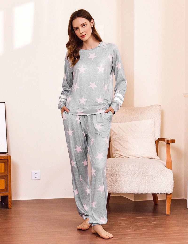 Long-sleeve pajama set in light grey with pink star print; drawstring waist pants