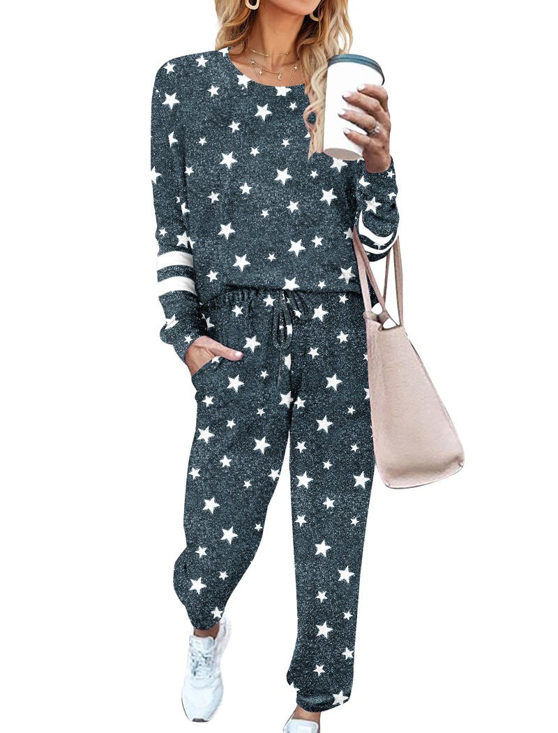 Navy star-print long-sleeve pajama set with drawstring jogger pants
