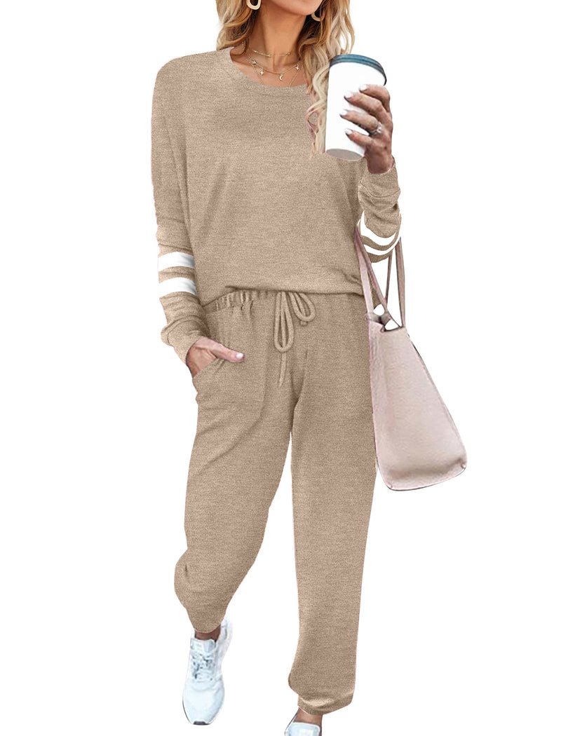 Tan long-sleeve pajama set with drawstring jogger pants and cuffs at wrists/ankles