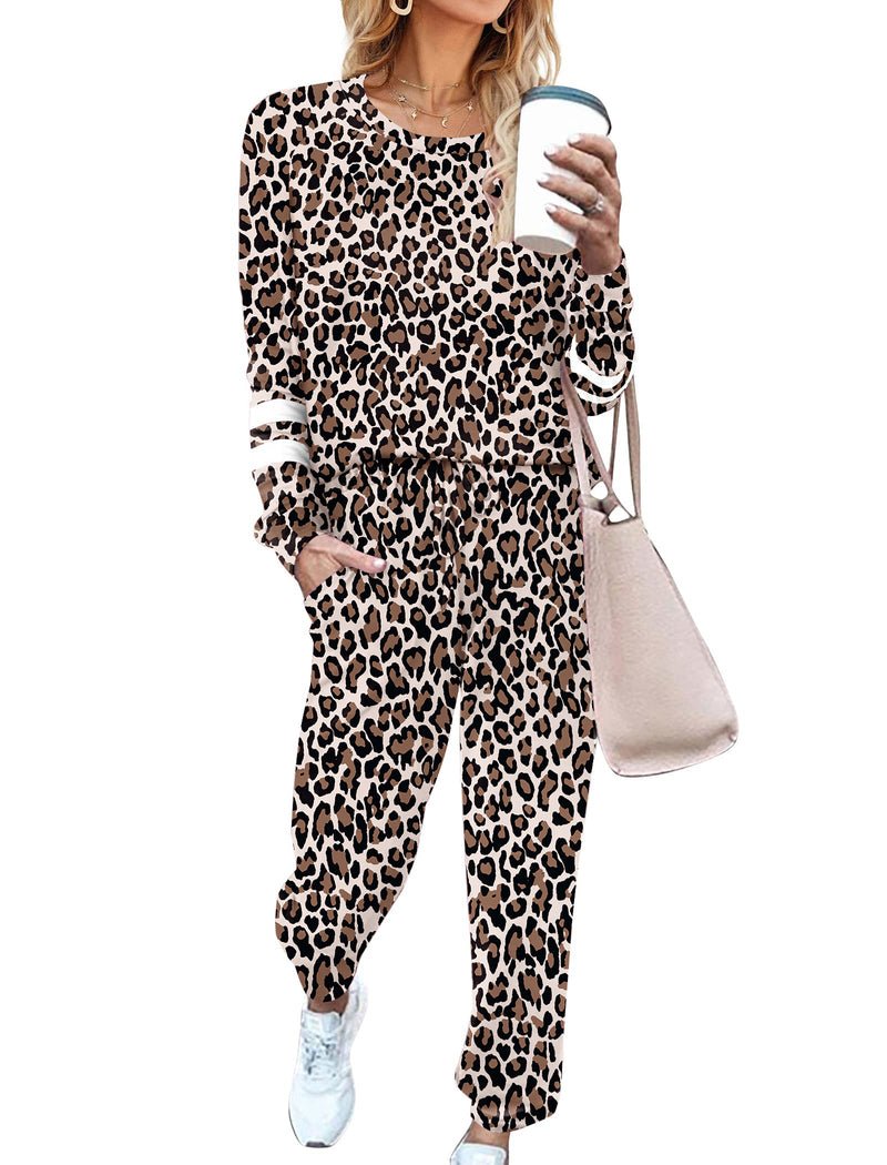 Leopard-print long-sleeve pajama set with drawstring jogger pants
