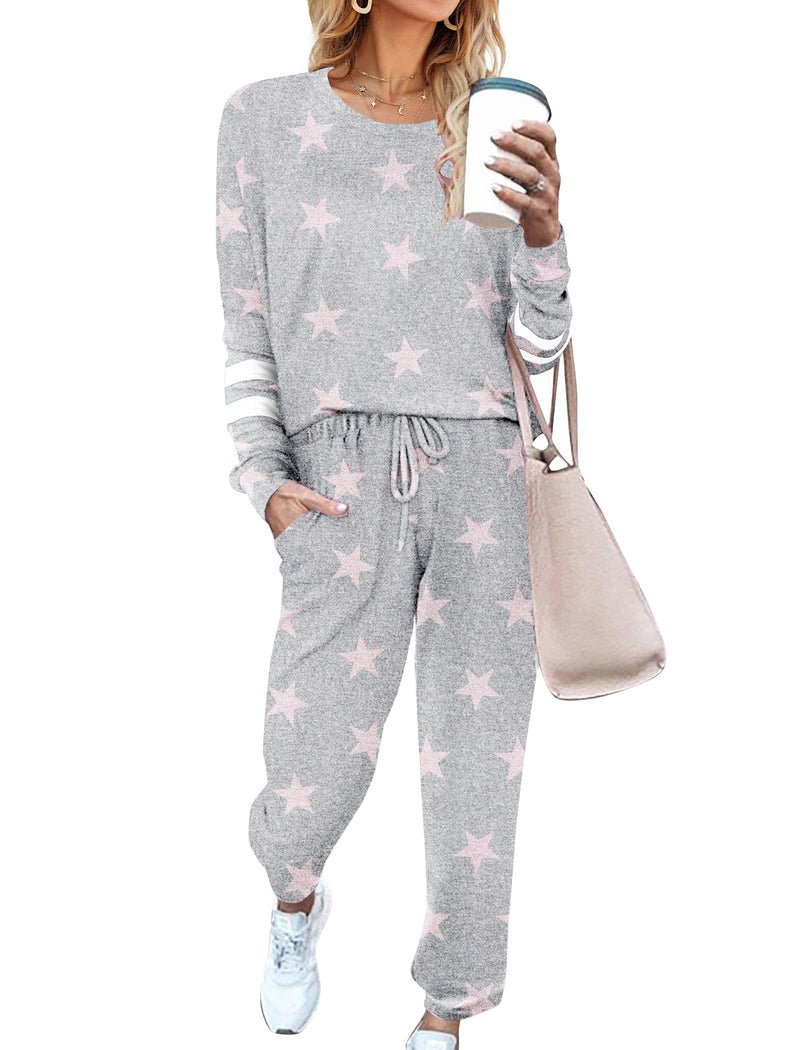 Grey star-print pajama set, long sleeves with cuffs; matching drawstring jogger pants
