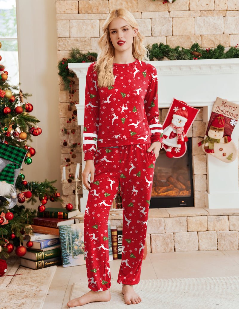Christmas red pajama set with reindeer print; long sleeves, relaxed pants