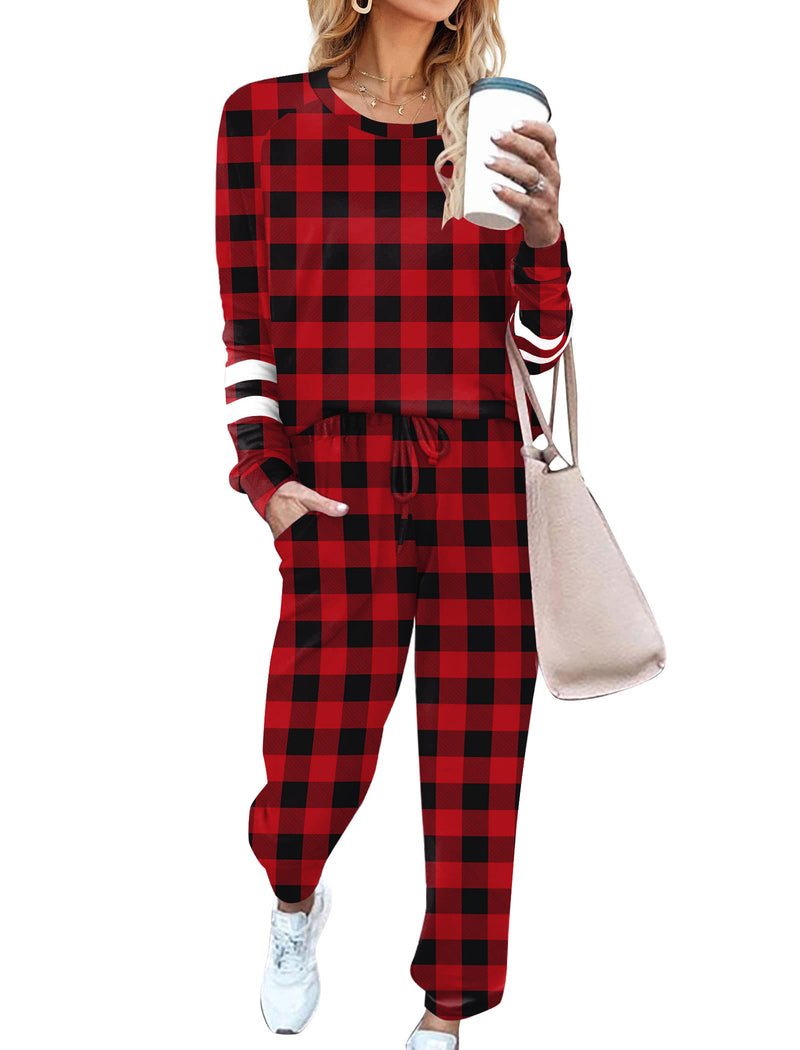 Red and black plaid long-sleeve pajama set with drawstring jogger pants