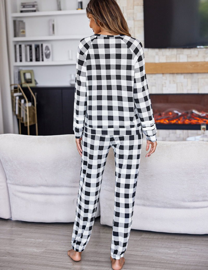 Black-and-white plaid long-sleeve pajama set, back view with tapered pants