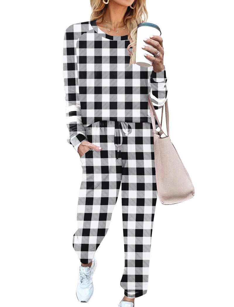 Black-and-white plaid pajama set with long sleeves and matching jogger pants