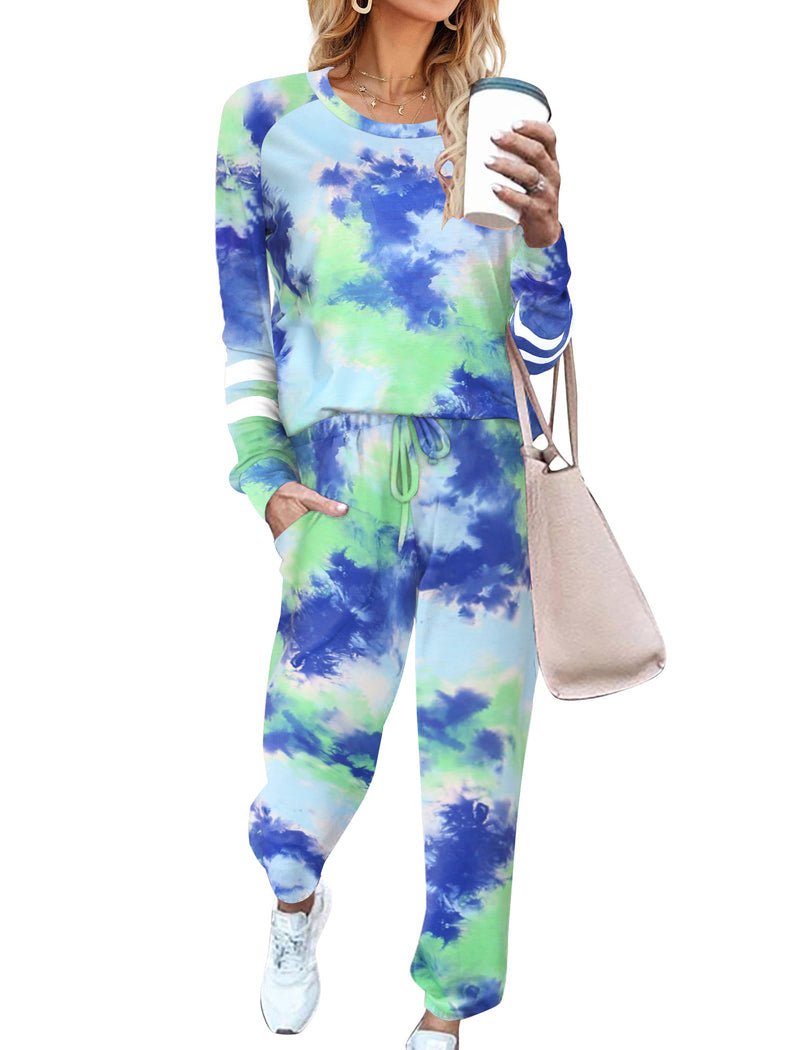 Blue-green tie-dye long-sleeve pajama set with drawstring jogger pants