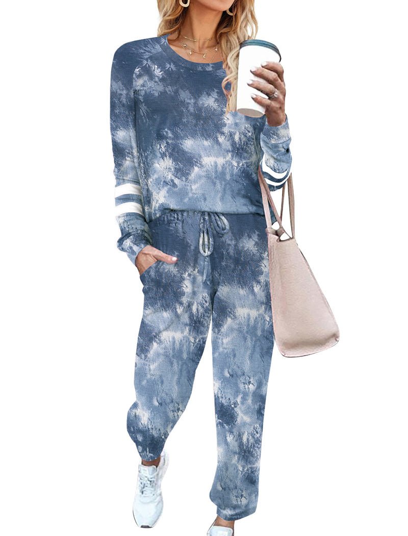 Blue tie-dye pajama set with long sleeves and matching jogger pants