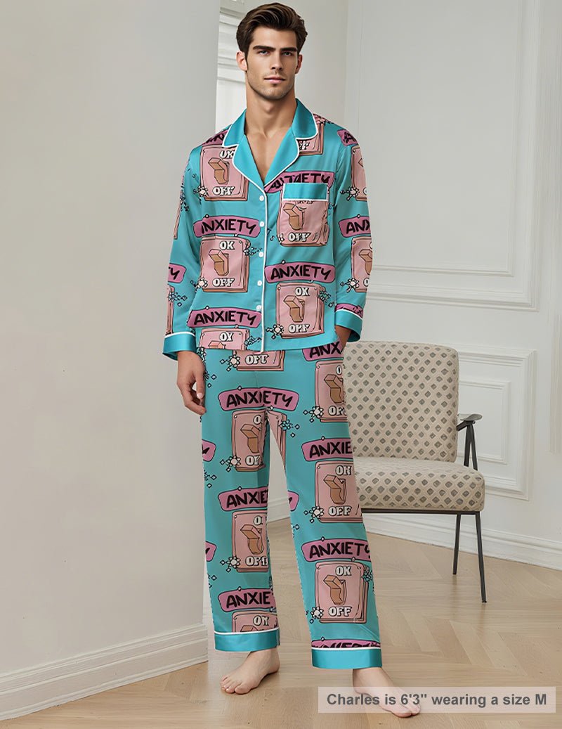 Men's teal printed pajama set with matching button shirt and lounge pants