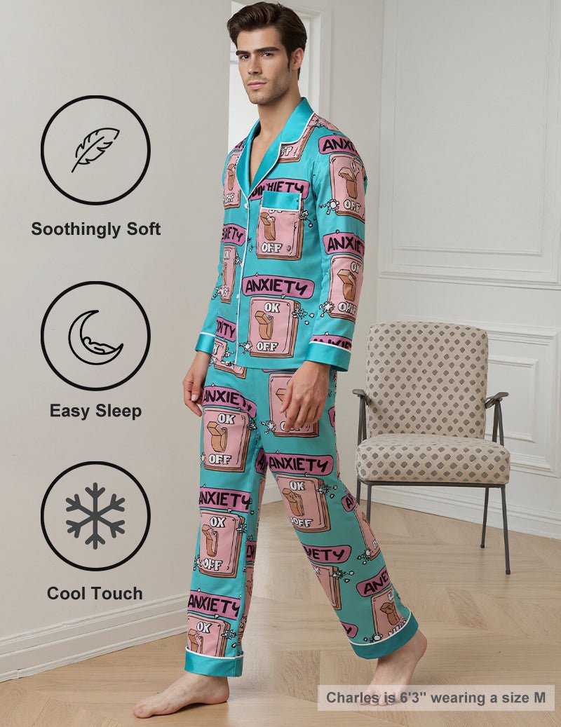 Men's teal printed pajama set with long-sleeve button shirt and tapered pants