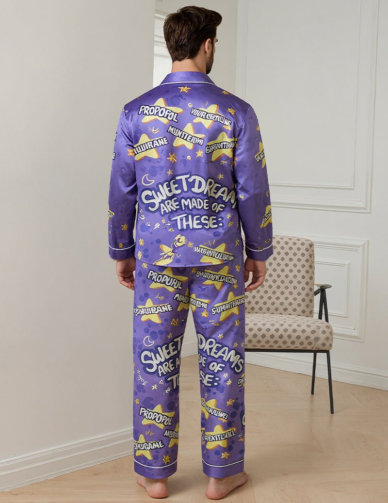 Men's purple printed pajama set, full back view of shirt and matching pants