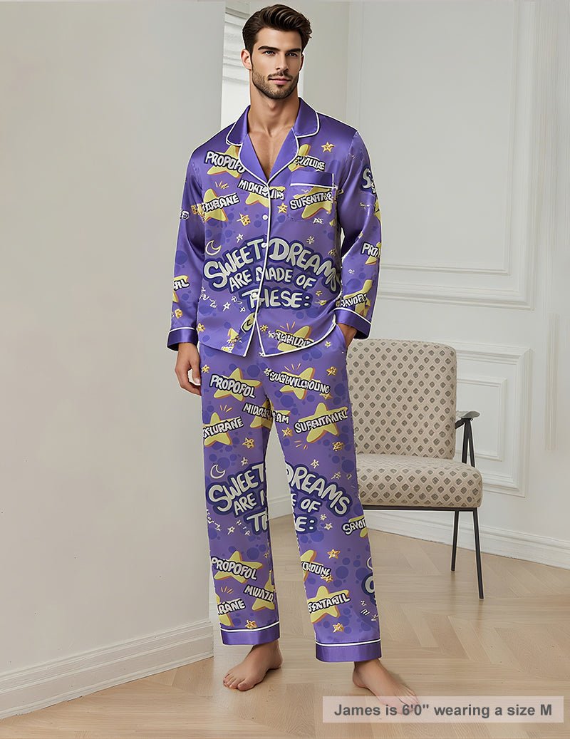 Men's purple printed pajama set with long-sleeve button shirt and matching pants