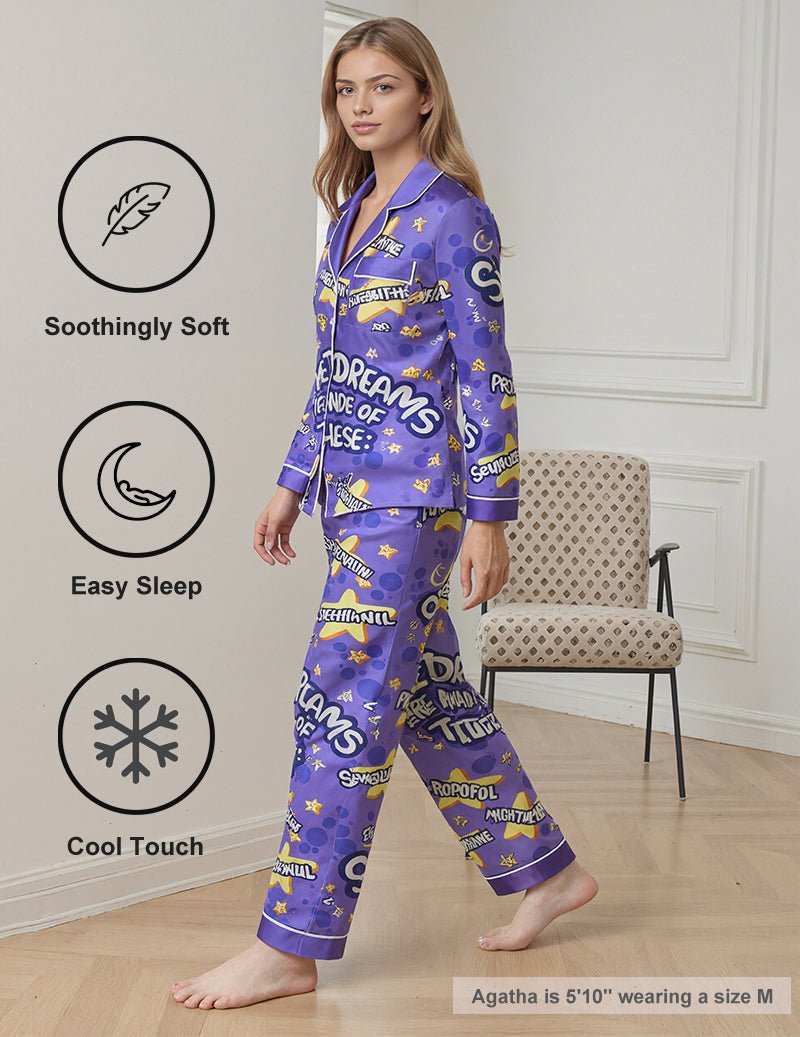 Women’s printed purple pajama set with long sleeves and matching long pants