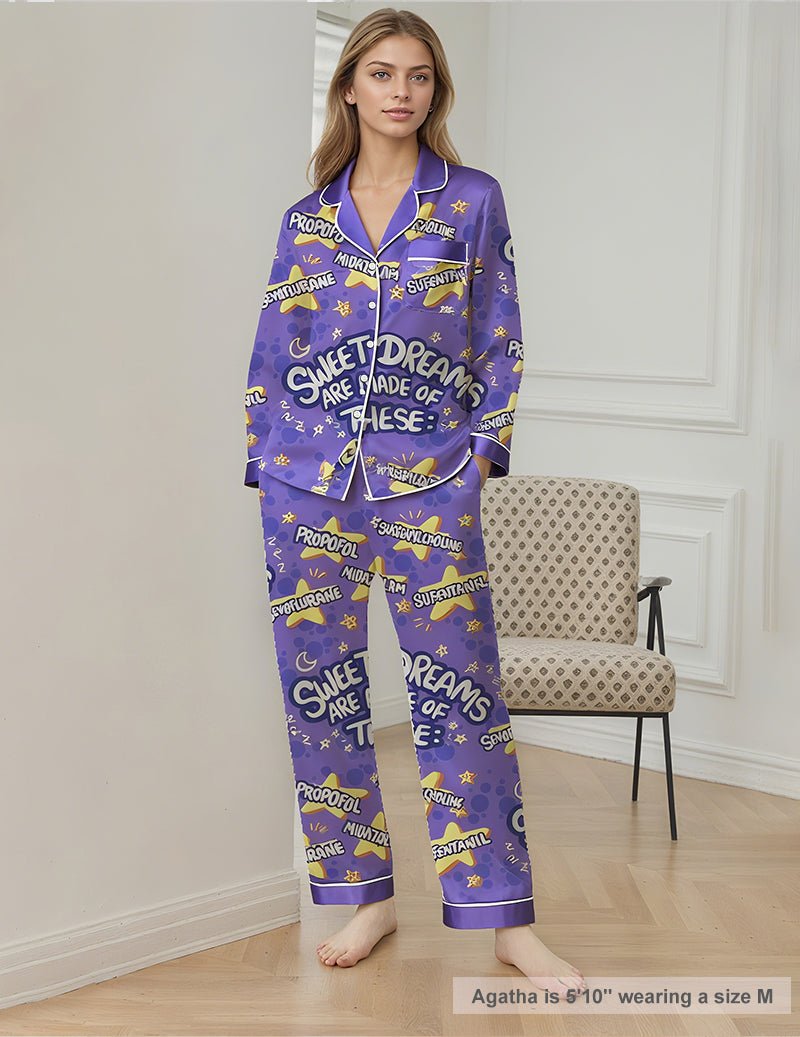 Women’s printed purple pajama set, long-sleeve button top and matching long pants