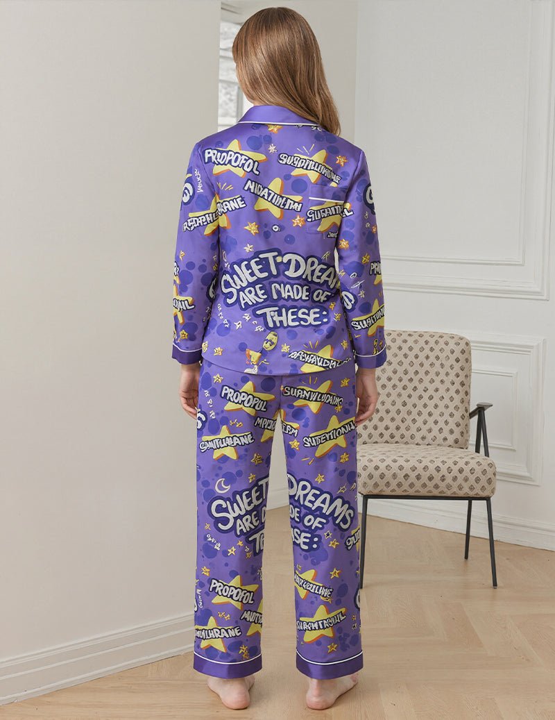 Women’s printed purple pajama set shown from back, long sleeves and long pants