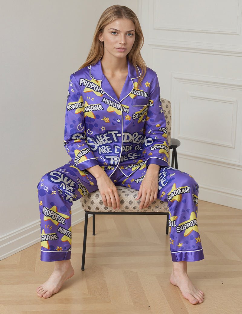Women’s printed blue pajama set with long sleeves and matching full-length pants
