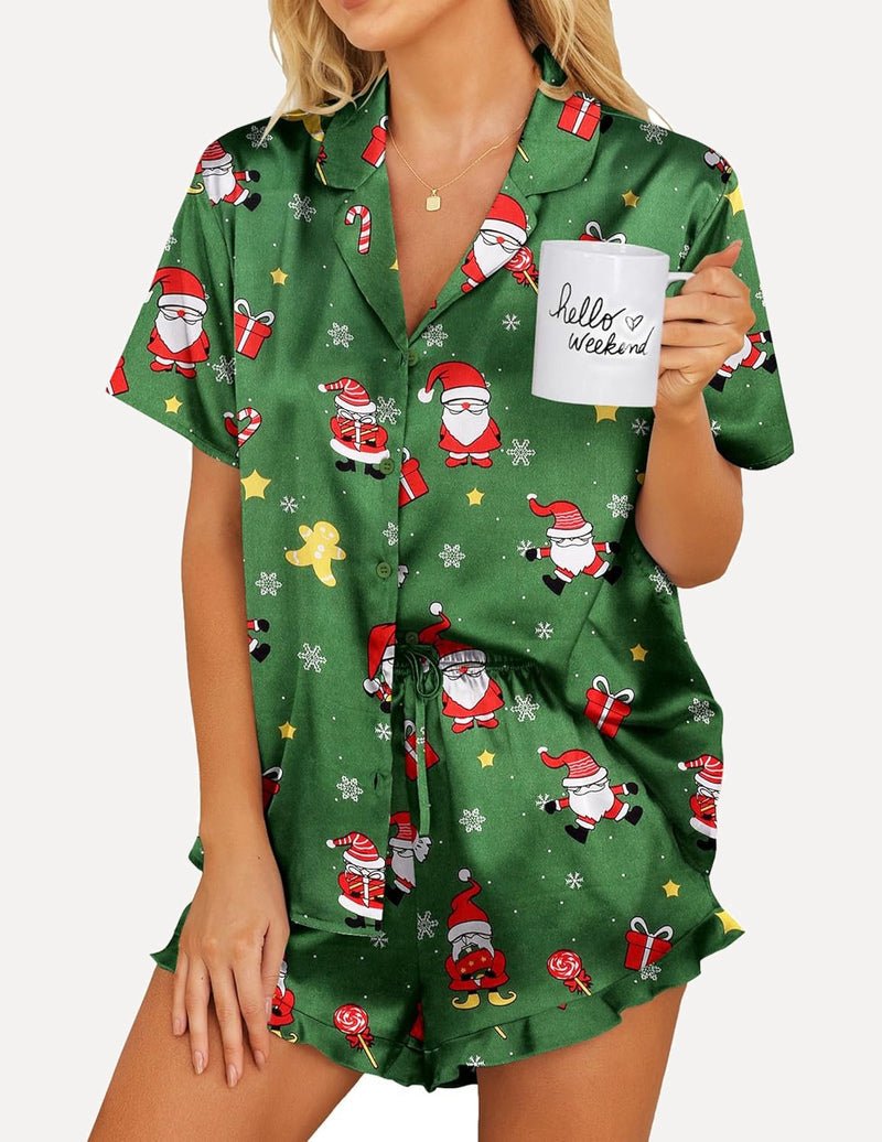 Green holiday Santa and candy cane print 2-piece satin pajama set with button shirt and shorts