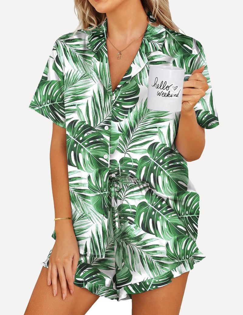 Printed teddy satin pajama set, green leaf print button-up top and shorts