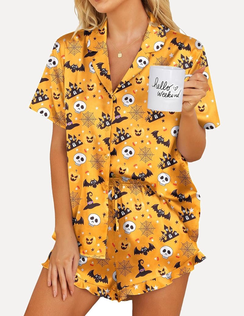 Orange Halloween icon print 2-piece satin pajama set with button shirt and drawstring shorts
