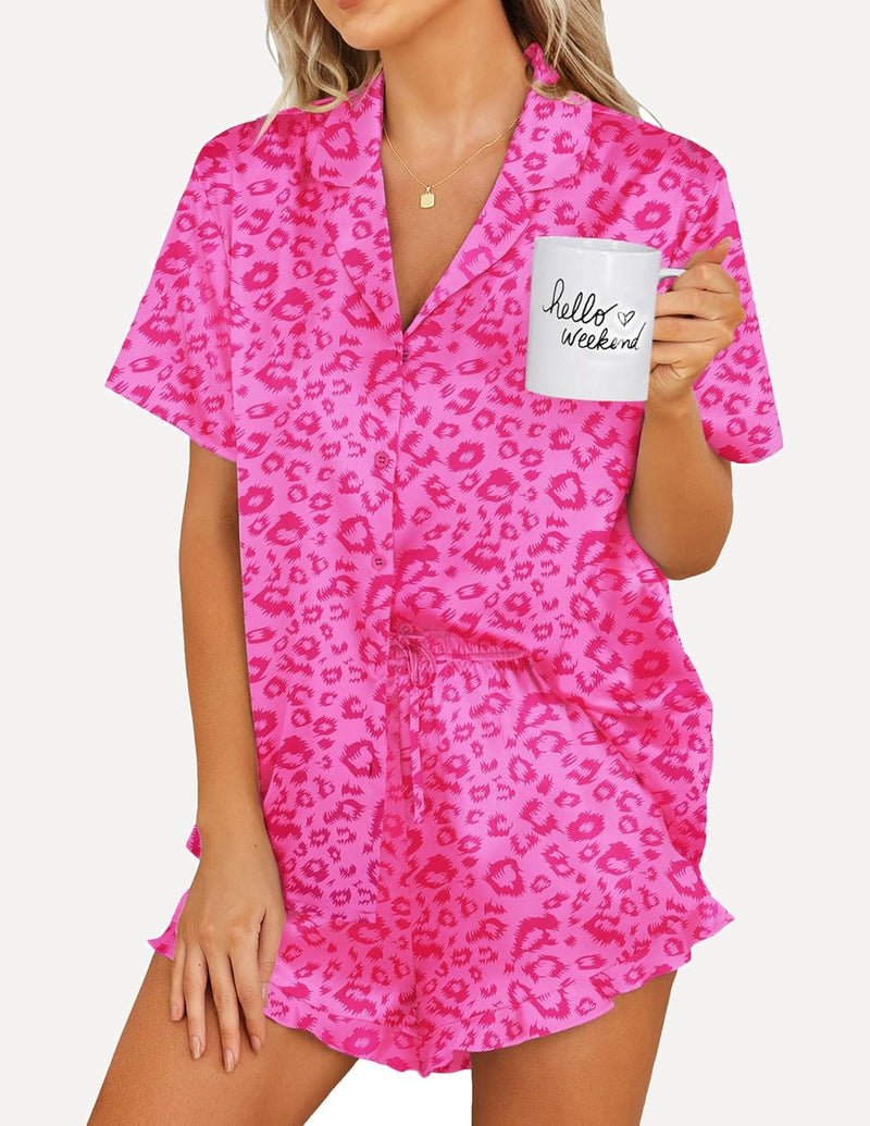 Hot pink leopard print 2-piece satin pajama set with button shirt and drawstring shorts