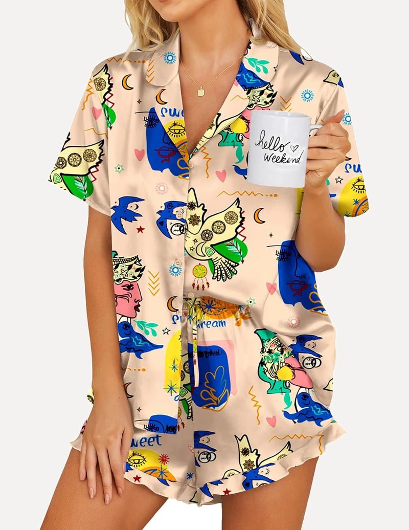 Printed teddy satin pajama set, cream playful animal print button-up top and shorts
