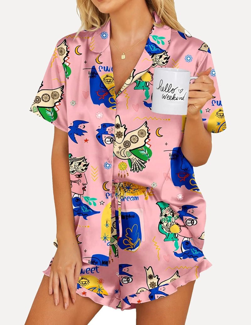 Printed teddy satin pajama set, pink playful animal print button-up top and shorts