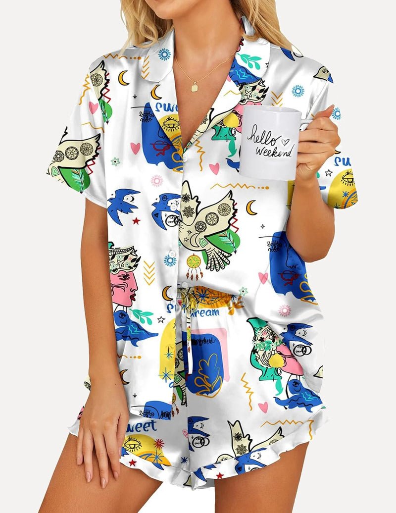 Printed teddy satin pajama set, white playful animal print button-up top and shorts