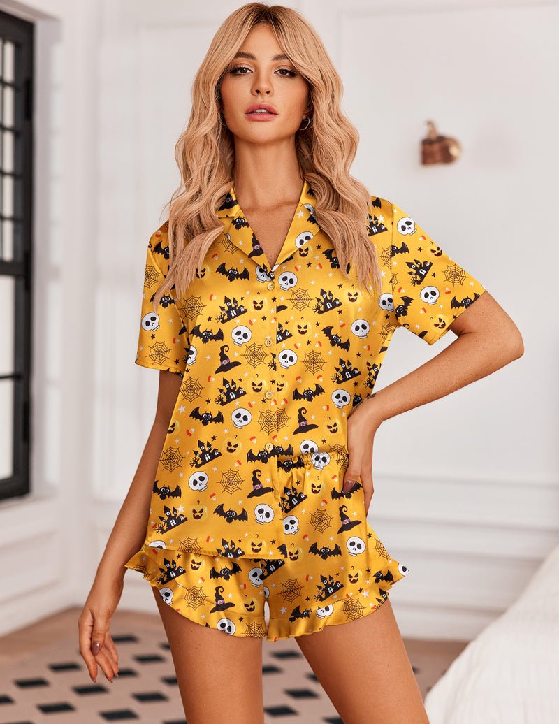 Printed teddy satin pajama set, yellow Halloween print button-up top and shorts