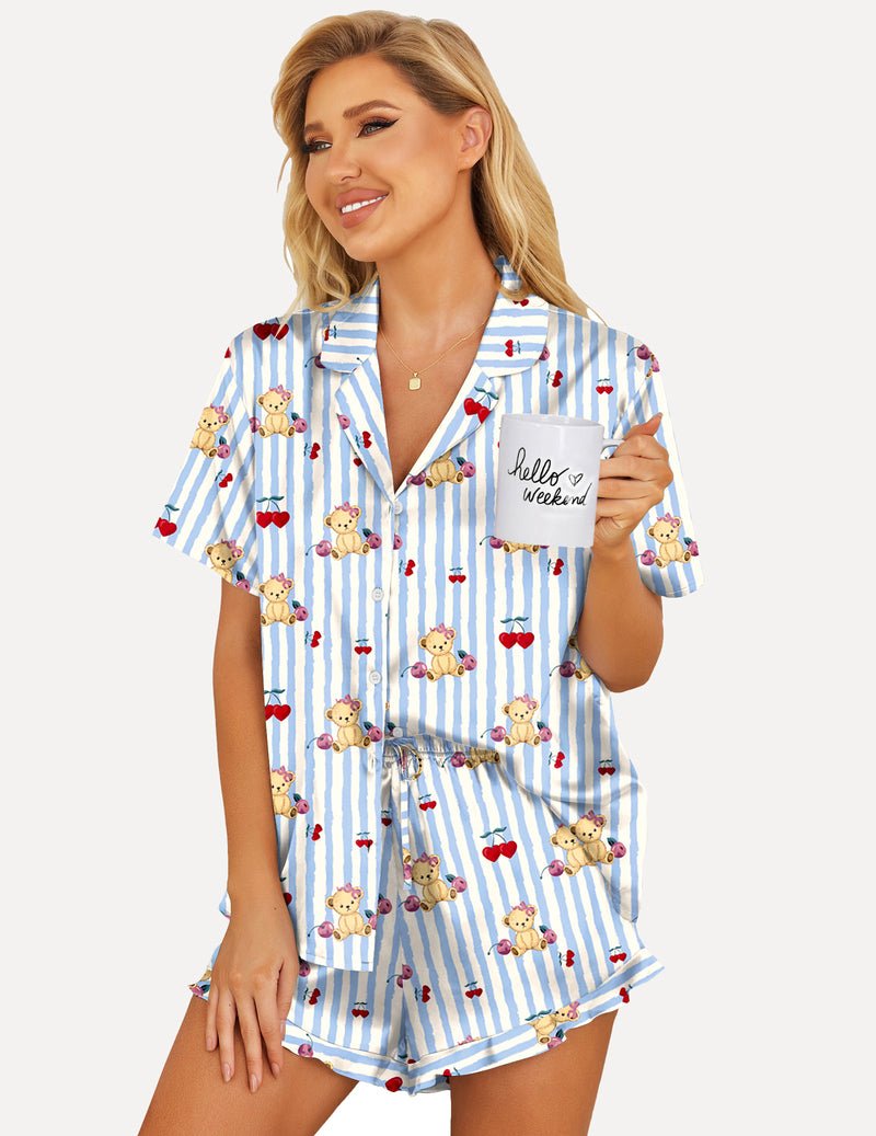 White blue striped teddy bear print 2-piece satin pajama set with button shirt and drawstring shorts