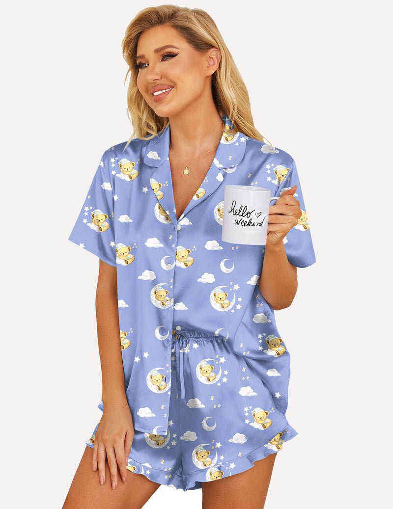 Printed satin pajama set, blue with teddy bear stars, button-up top and drawstring shorts