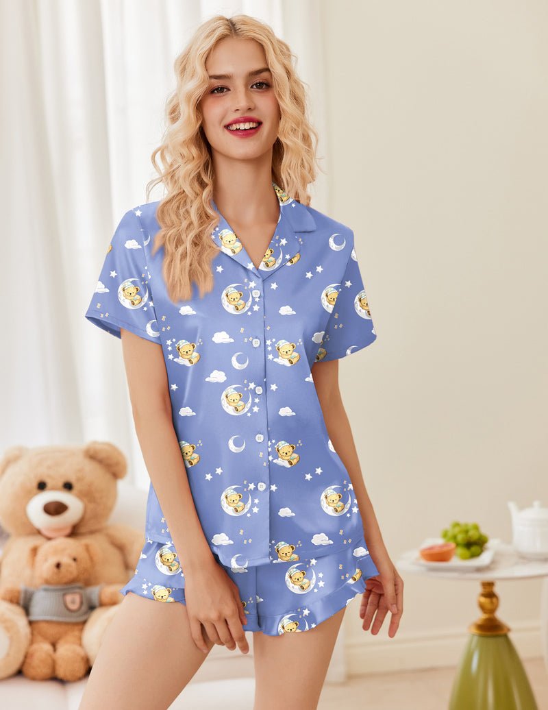 Printed satin pajama set, blue teddy bear star print, short-sleeve button top and matching shorts