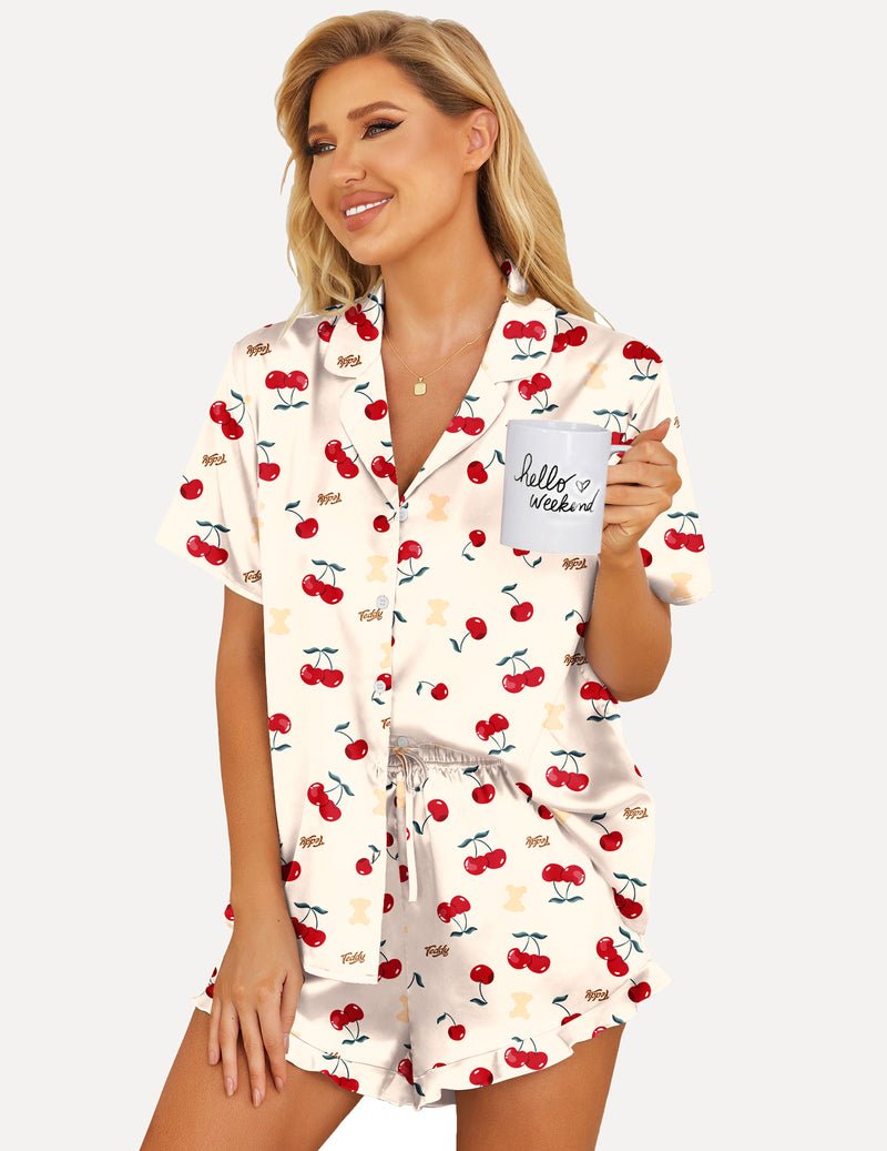 White cherry print 2-piece satin pajama set with button shirt and drawstring shorts